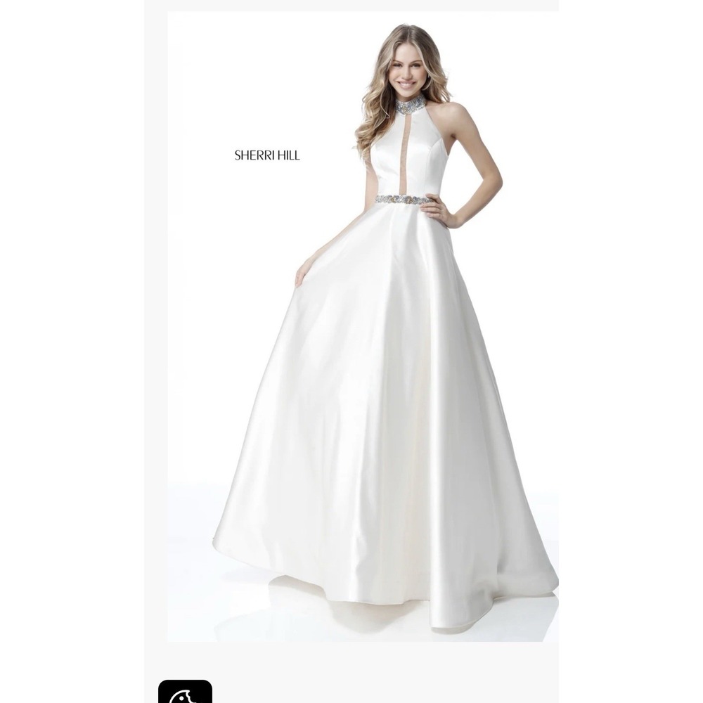 Sherri Hill 51589 Ivory Halter Satin A-Line Ball Gown Wedding Dress 00 Beaded